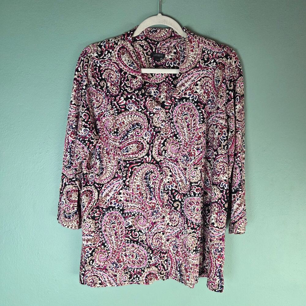 J. Jill Wearever Collection Womens Medium Multi Paisley Vneck Blouse 3/4 Sleeve